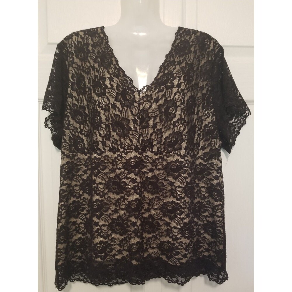 Dialogue Women's Top Black Lace Short Sleeve V- Neckline Plus Size 2X